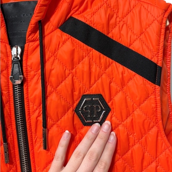 Philipp Plein Orange Quilted Gilet Puffer Vest with Black Details Size Large - Picture 8 of 12